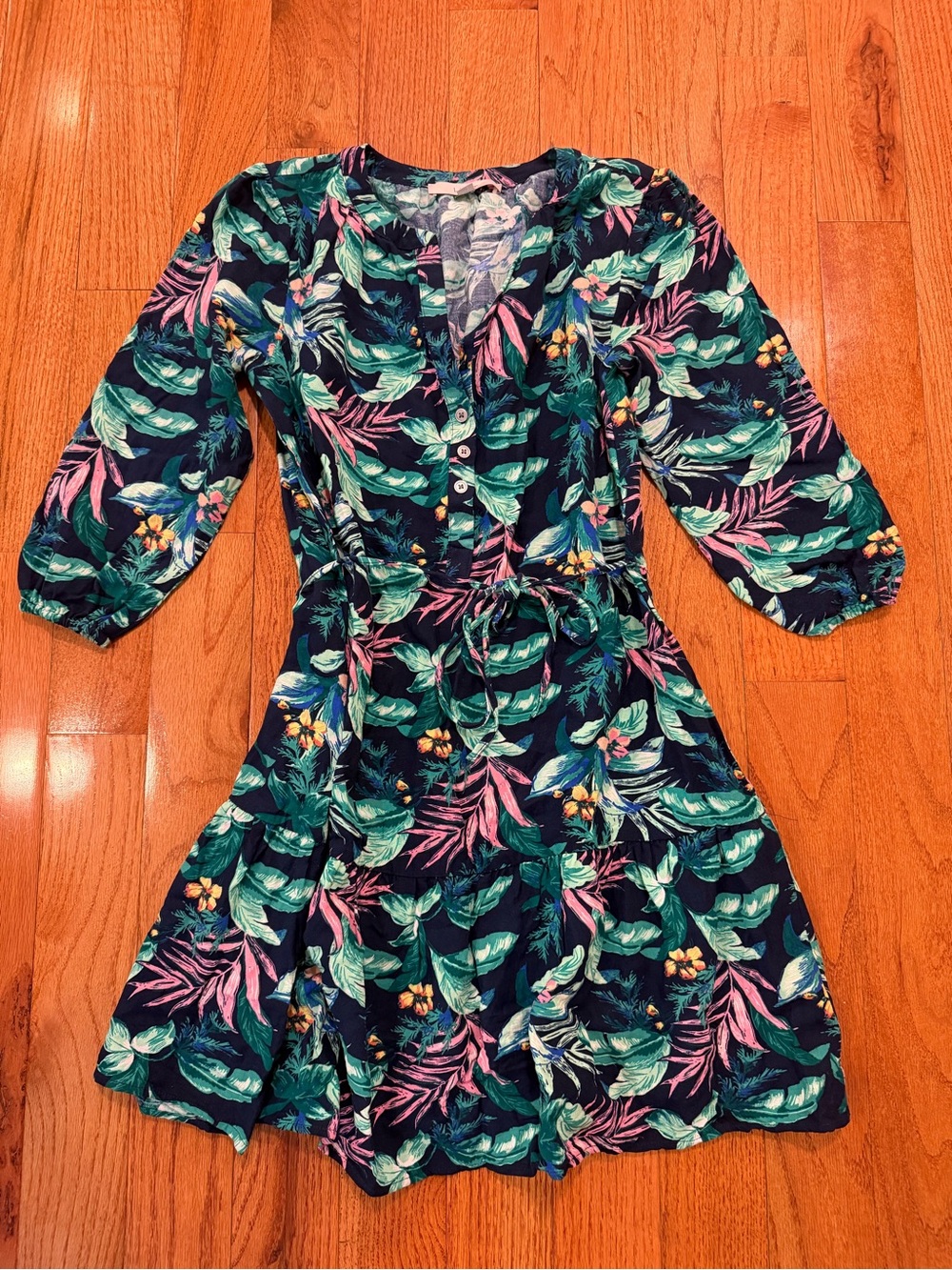 🌼 4/$13 - Loft Navy Tropical Print Tie-Waist Dress - Picture 4 of 4